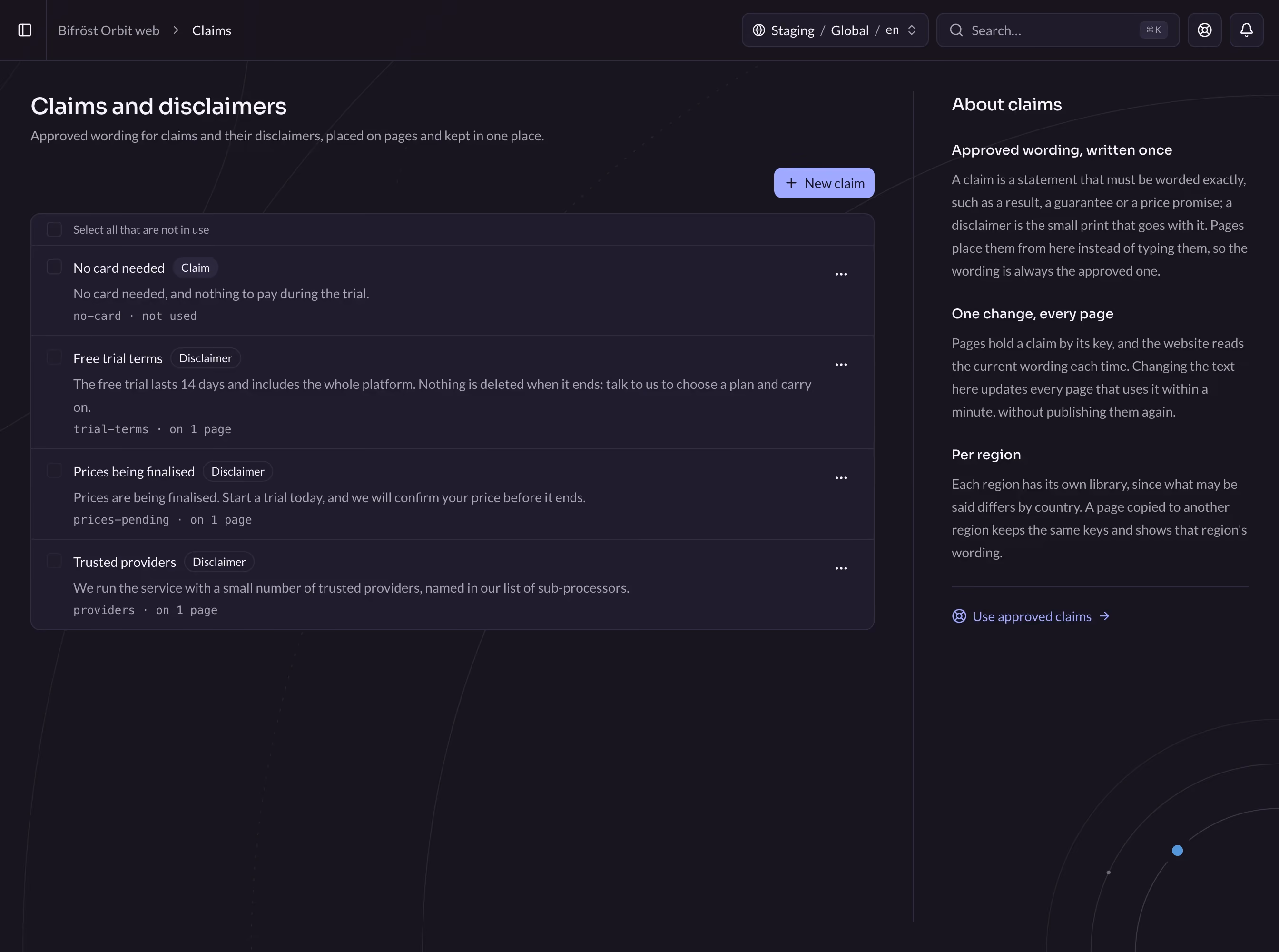 The library of approved claims and disclaimers in CMS Orbit