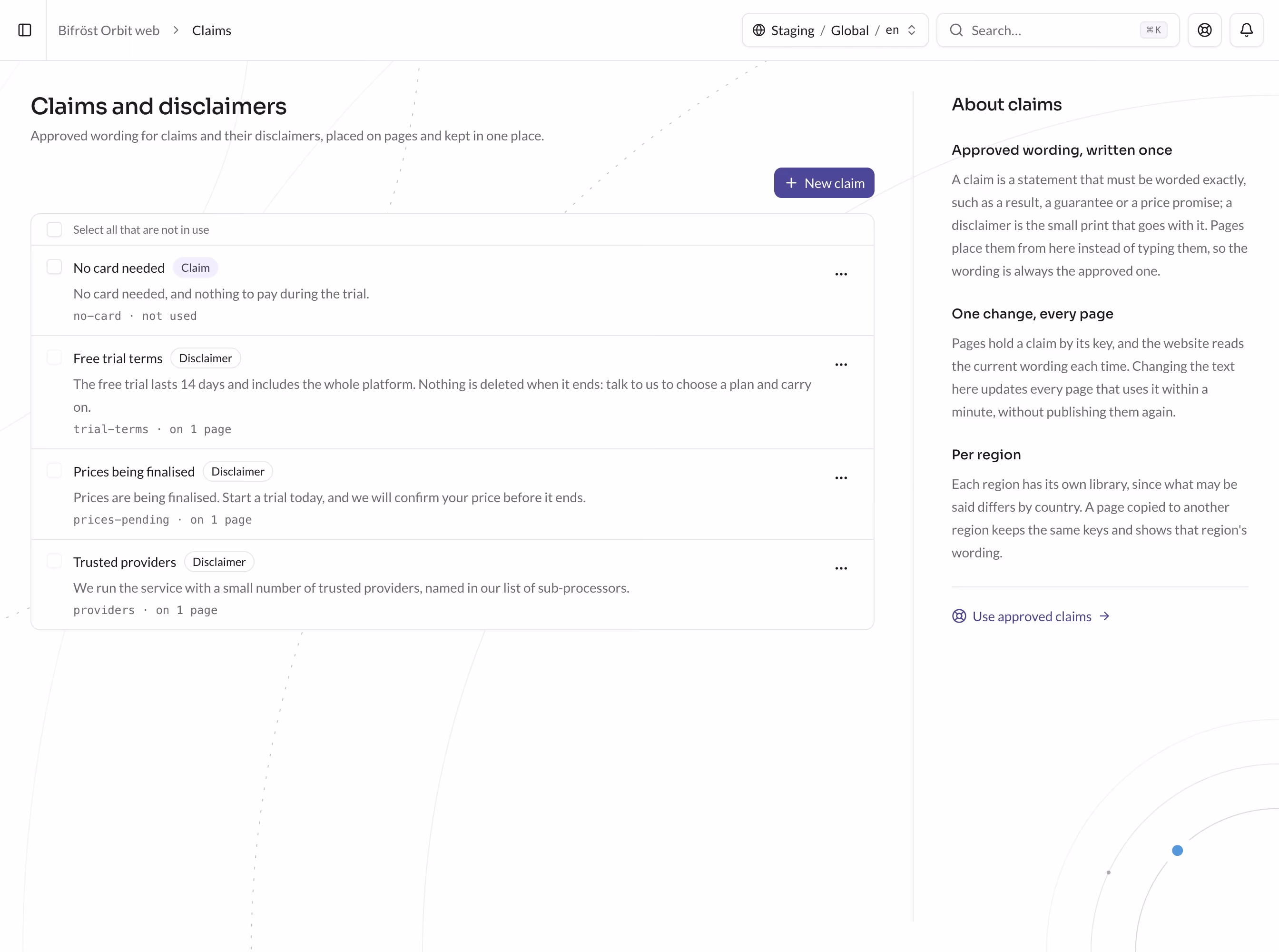 The library of approved claims and disclaimers in CMS Orbit