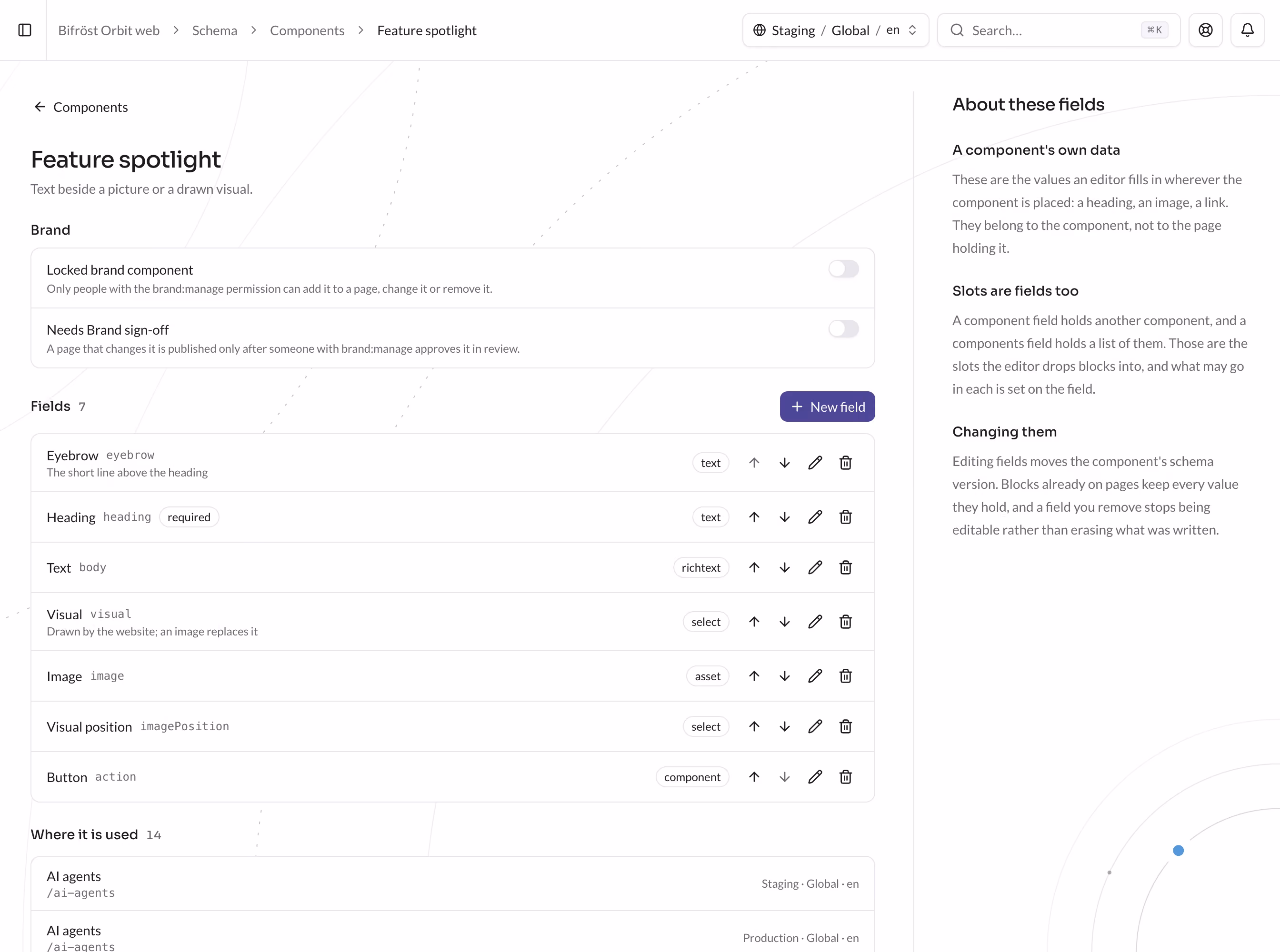A component and its fields in CMS Orbit, with the pages that use it