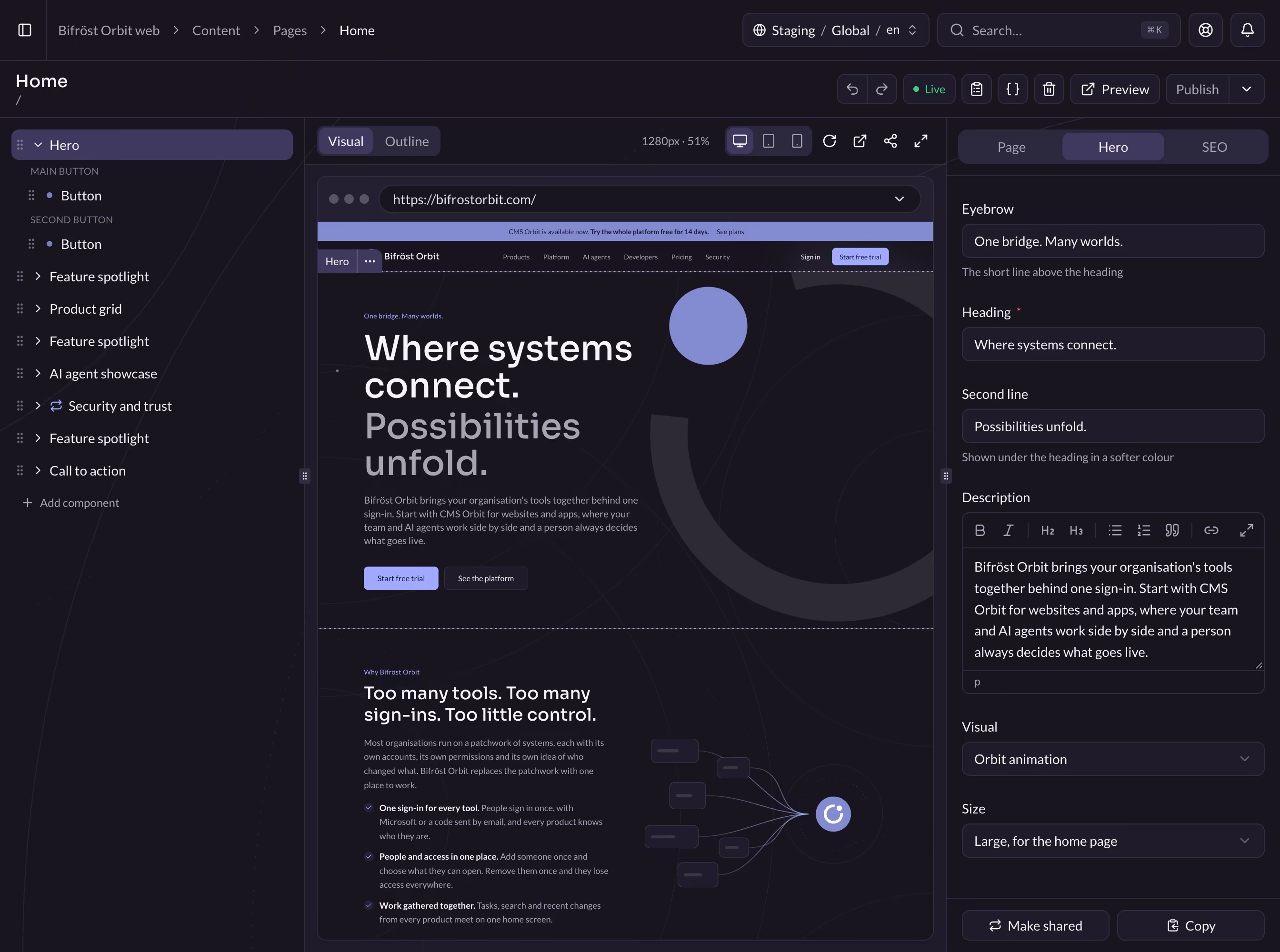 The CMS Orbit page editor with the live preview of this website