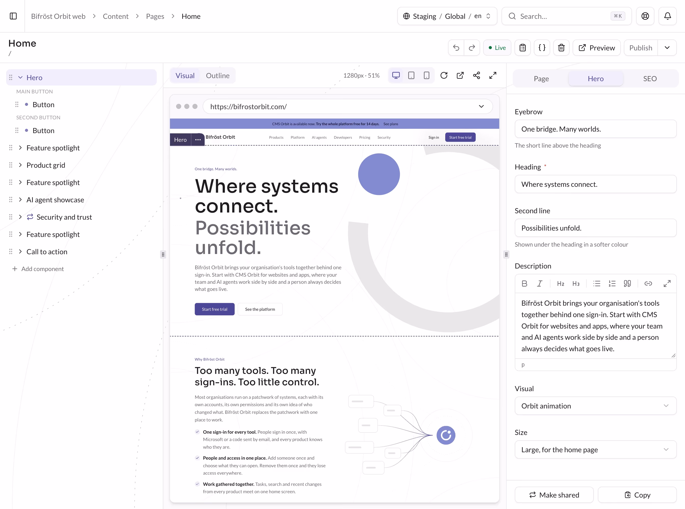 The CMS Orbit page editor with the live preview of this website