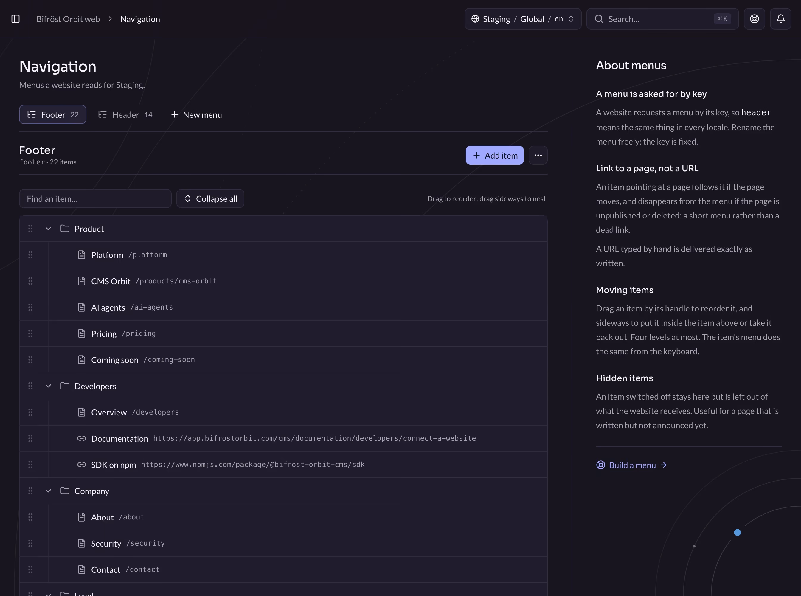 This website's footer menu in CMS Orbit