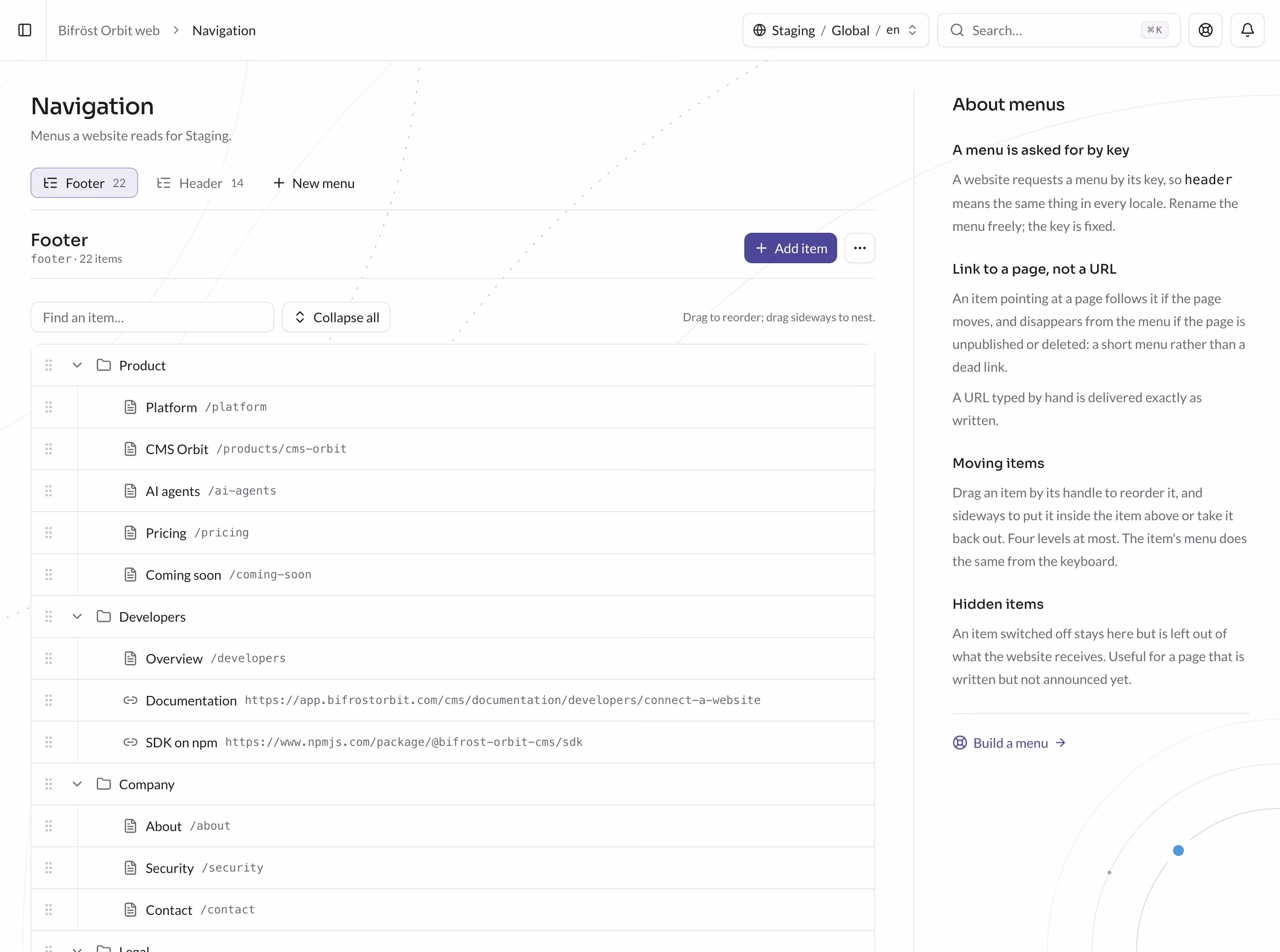 This website's footer menu in CMS Orbit