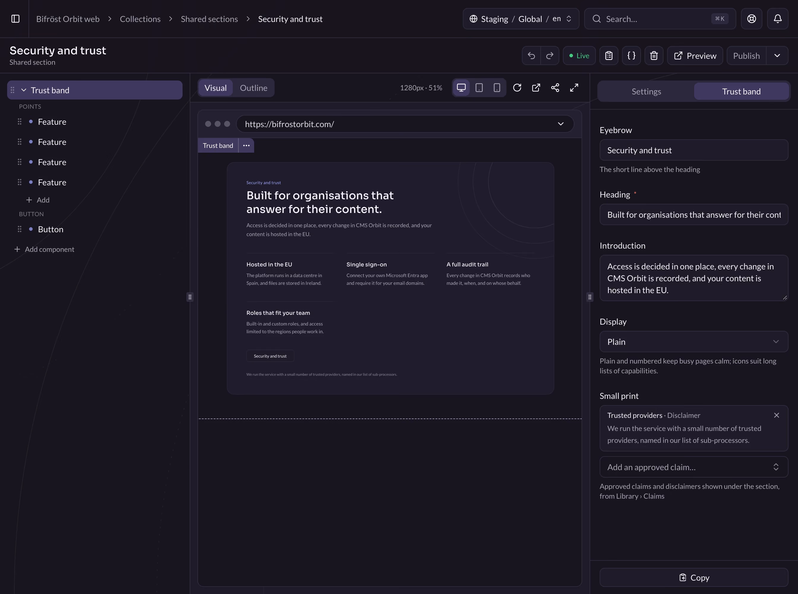 A shared section open in CMS Orbit, with an approved claim in its small print