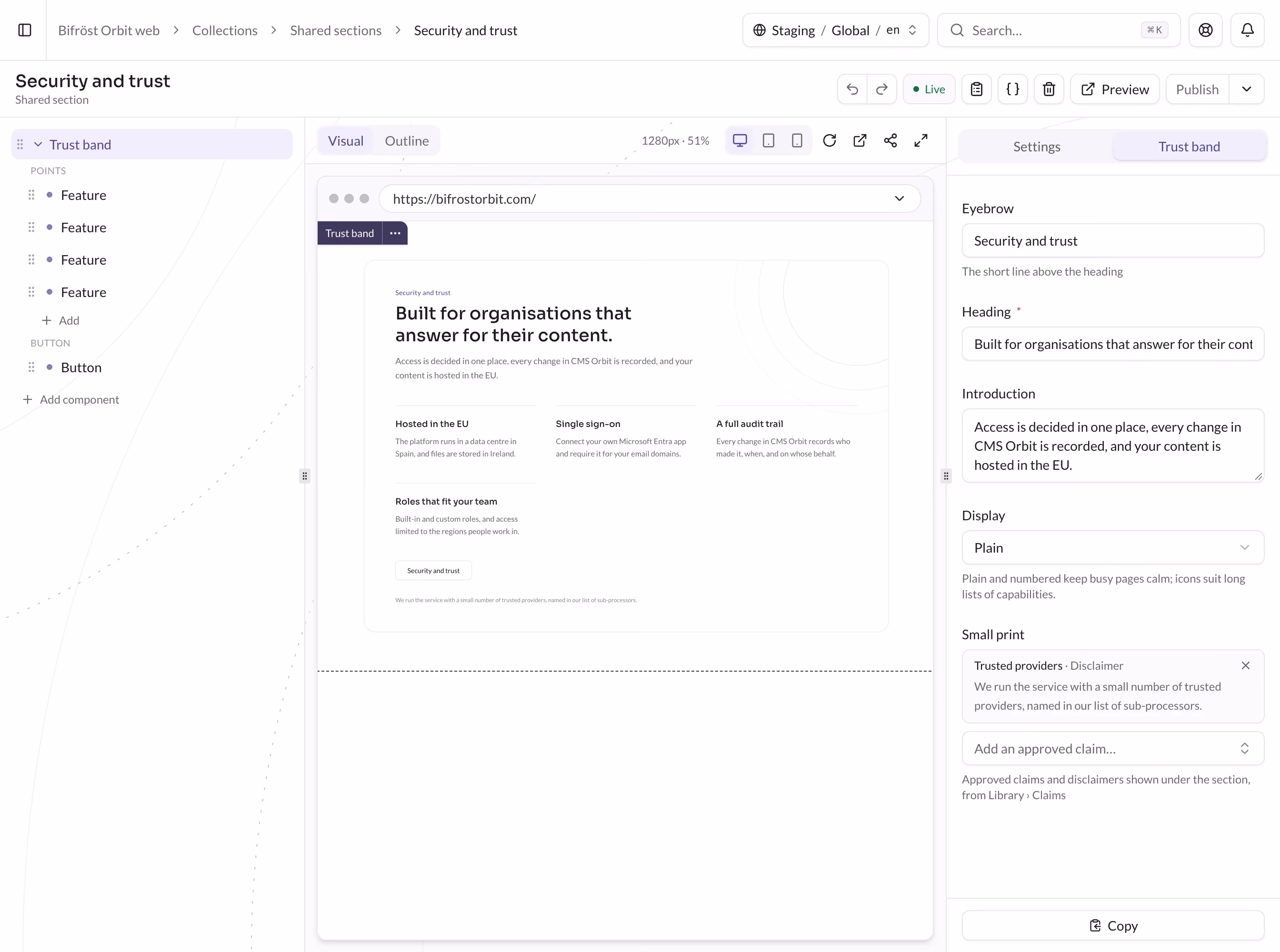 A shared section open in CMS Orbit, with an approved claim in its small print